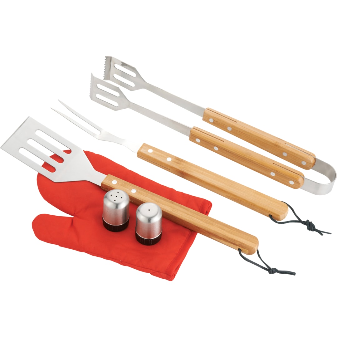Front View of Black BBQ Now Apron and 7 piece BBQ Set