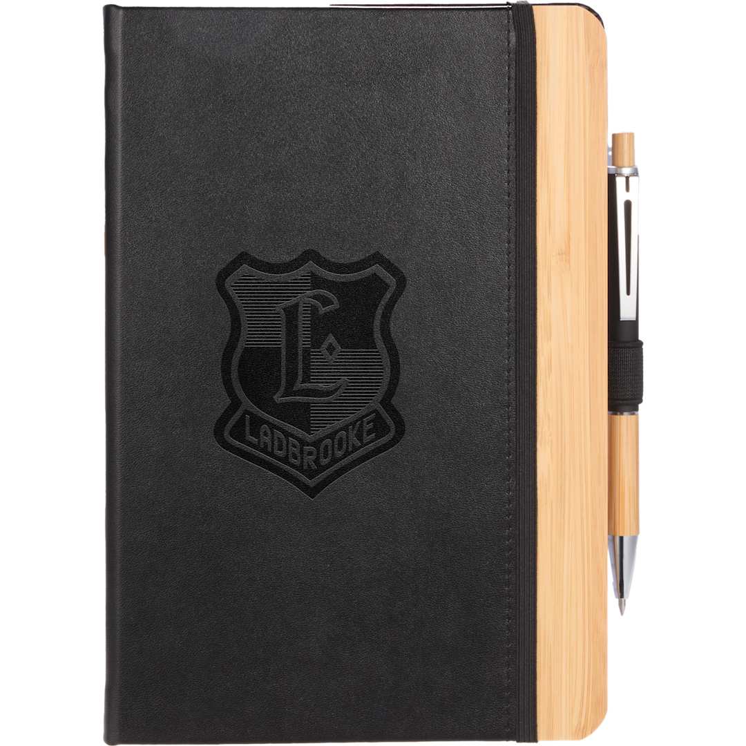 Front View of Black 5.5” x 8.5” FSC® Recycled Kia Bamboo Journal