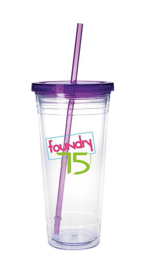 Front View of Clear Tumbler with Blue Lid and Blue Straw Good Value™ Clear Tumbler with Colored Lid - 24 oz.