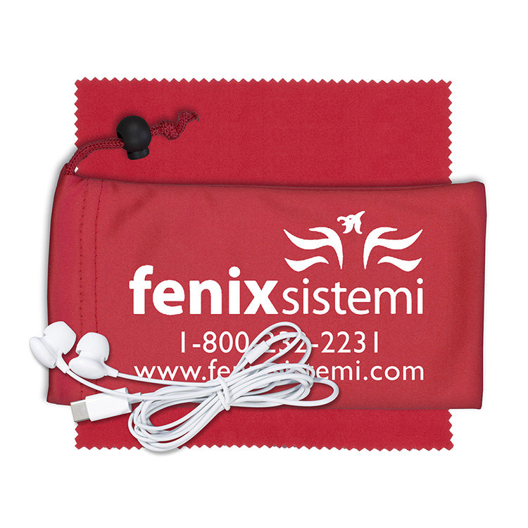 Mobile Tech Earbud Kit with Microfiber Cloth in Microfiber Cinch Pouch