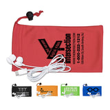 Black Mobile Tech Earbud Kit in Microfiber Cinch Pouch Components inserted into Microfiber Pouch