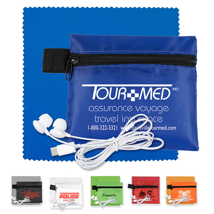 Red with unimprinted Red Microfiber Cloth (#TK110R) Mobile Tech Earbud Kit with Microfiber Cleaning Cloth In Zipper Pouch
