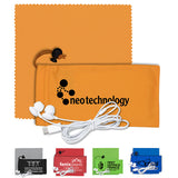 Red Mobile Tech Earbud Kit with Microfiber Cloth in Microfiber Cinch Pouch
