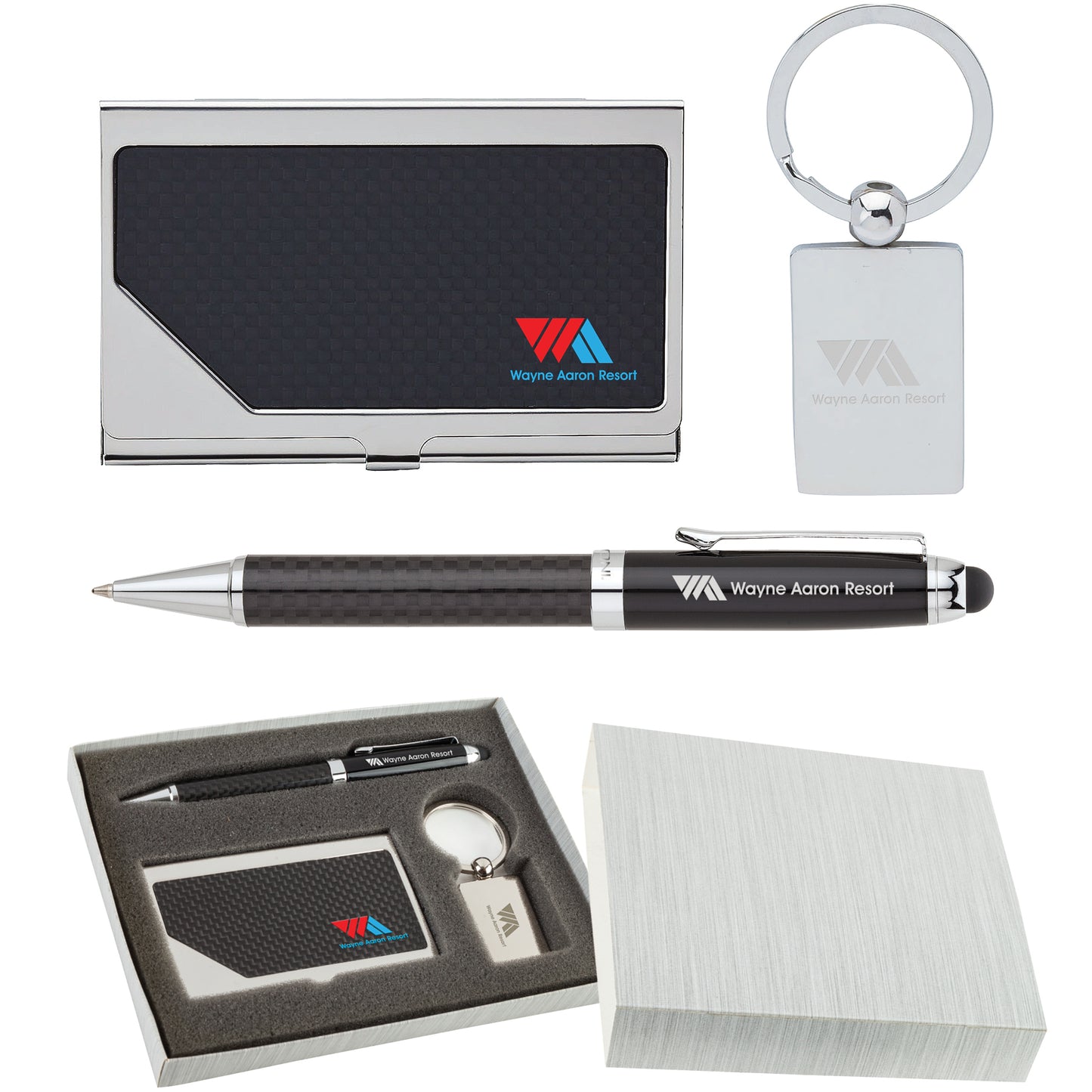 Carbon Fiber Pen, Business Card Case and Chrome Keyring Set