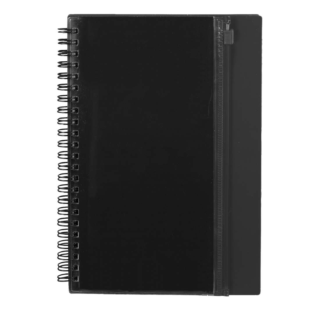 Front View of Black 5.5" x 8.5" Spiral Notebook with Clear Pocket