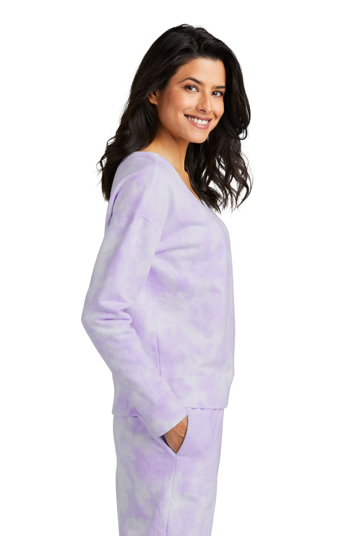 Amethyst Port & Company Women's Beach Wash Cloud Tie-Dye V-Neck Sweatshirt LPC140V