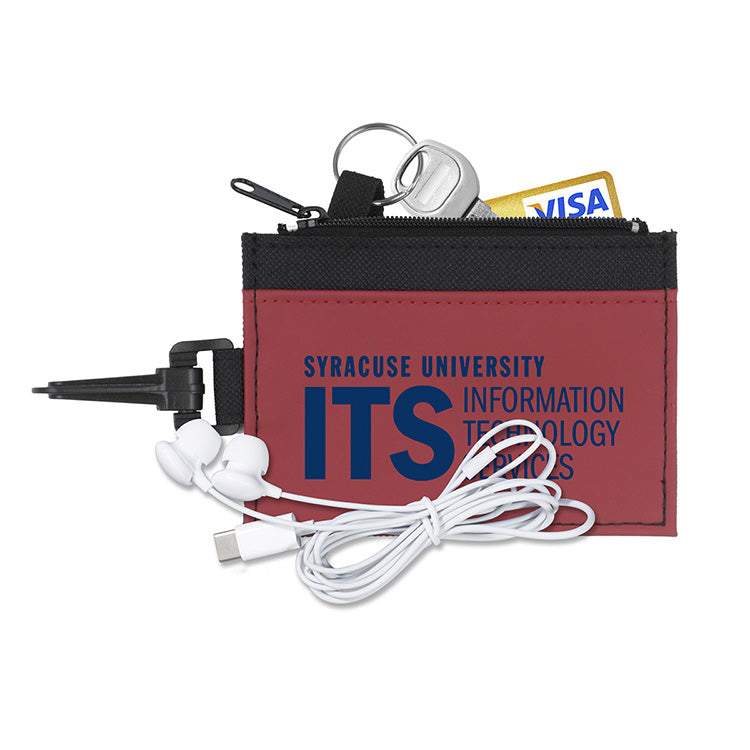 Mobile Tech Earbud Kit in Travel ID Wallet Components inserted into Zipper Pouch ID Wallet