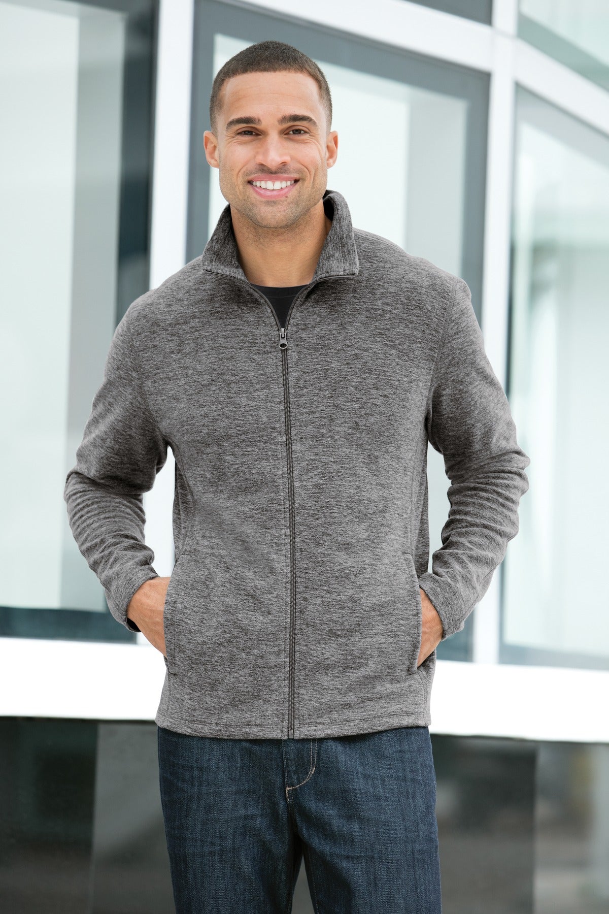 Black Char Hea Port Authority Heather Microfleece Full-Zip Jacket. F235