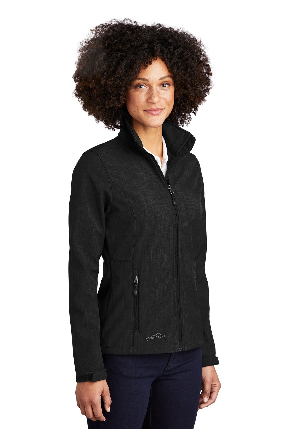 Black Eddie Bauer Women's Shaded Crosshatch Soft Shell Jacket. EB533