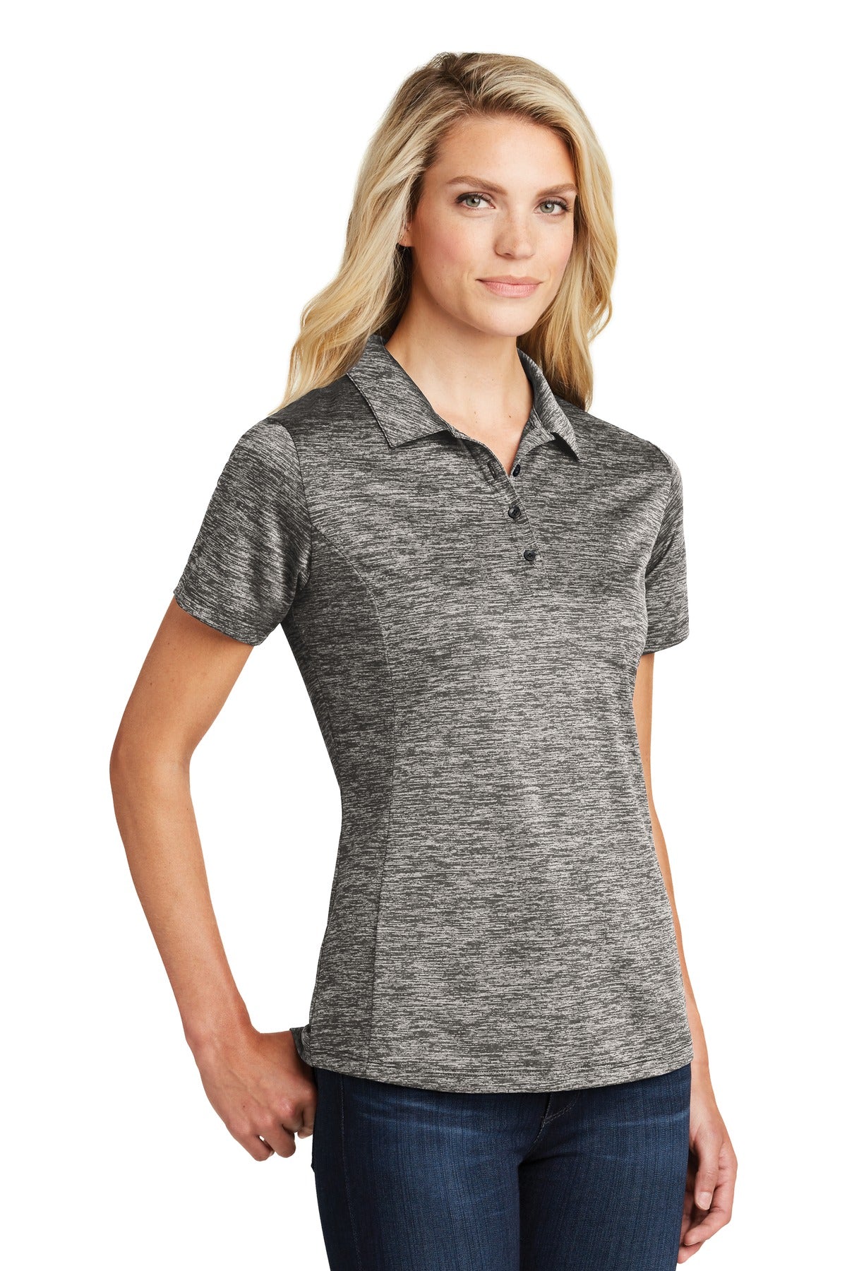 Black Electric Sport-Tek Women's PosiCharge Electric Heather Polo. LST590