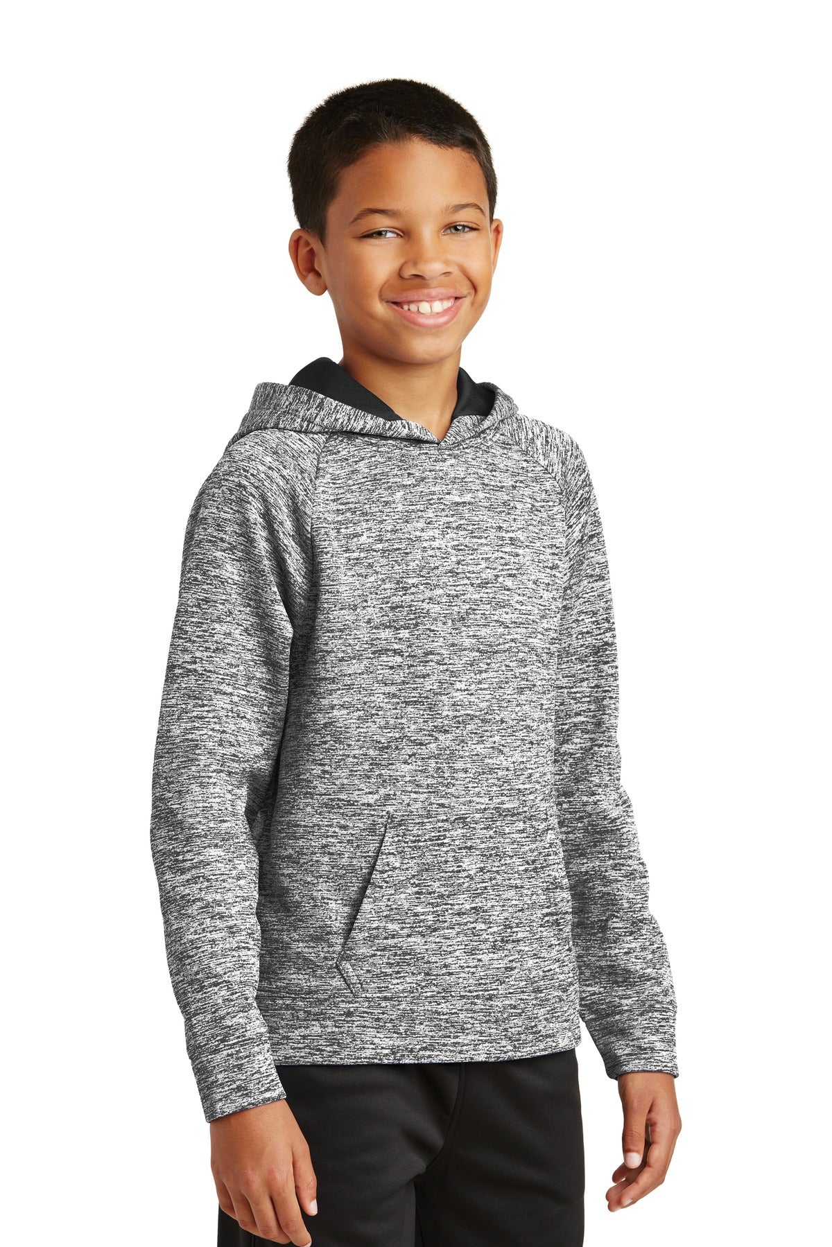 Black Electric Sport-Tek Youth PosiCharge Electric Heather Fleece Hooded Pullover. YST225