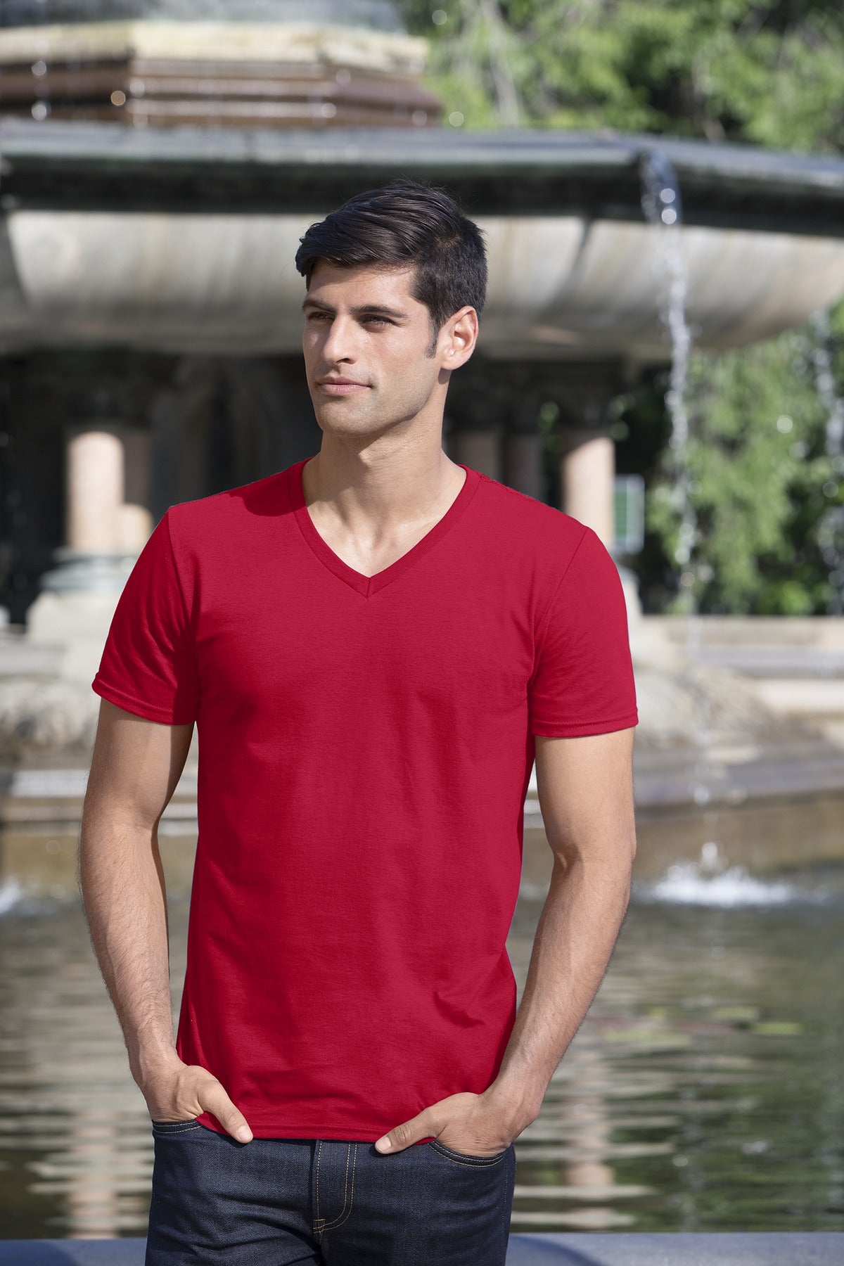 Black Gildan Softstyle V-Neck T-Shirt. 64V00