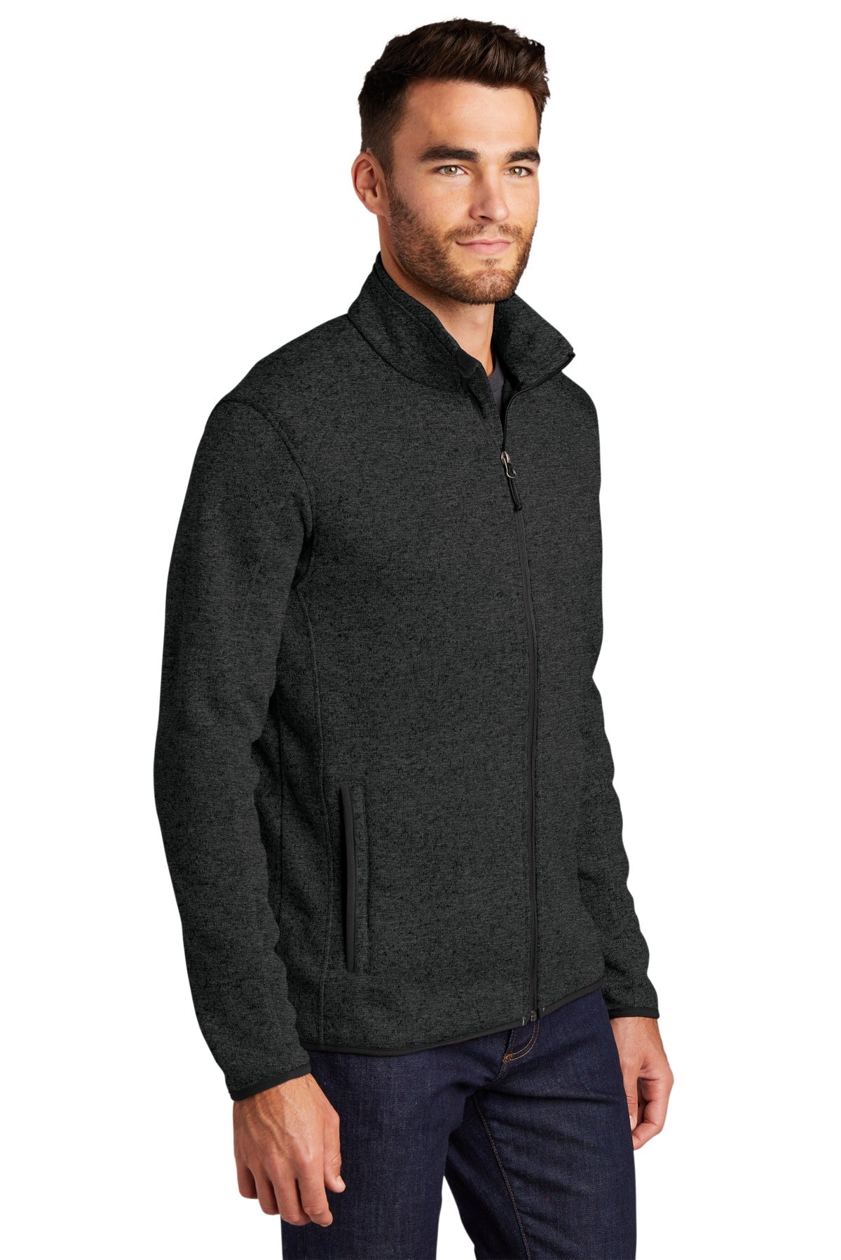 Black Hthr Port Authority Sweater Fleece Jacket. F232