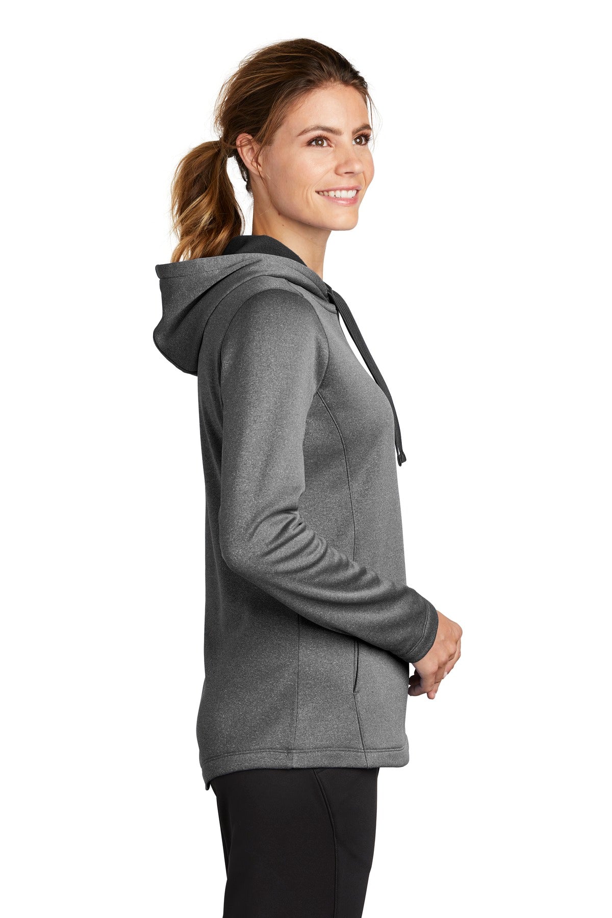 Black Hthr Sport-Tek Women's PosiCharge Sport-Wick Heather Fleece Hooded Pullover. LST264