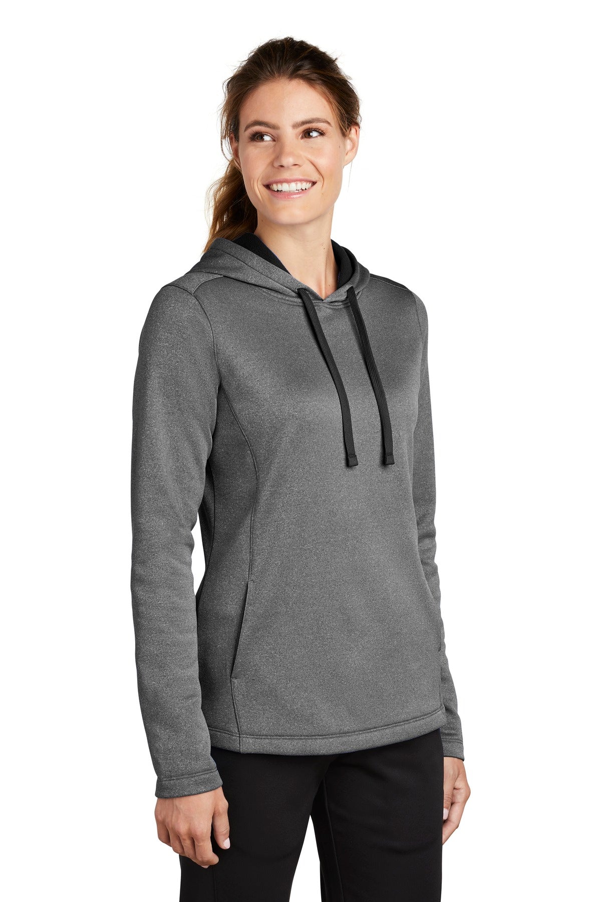 Black Hthr Sport-Tek Women's PosiCharge Sport-Wick Heather Fleece Hooded Pullover. LST264