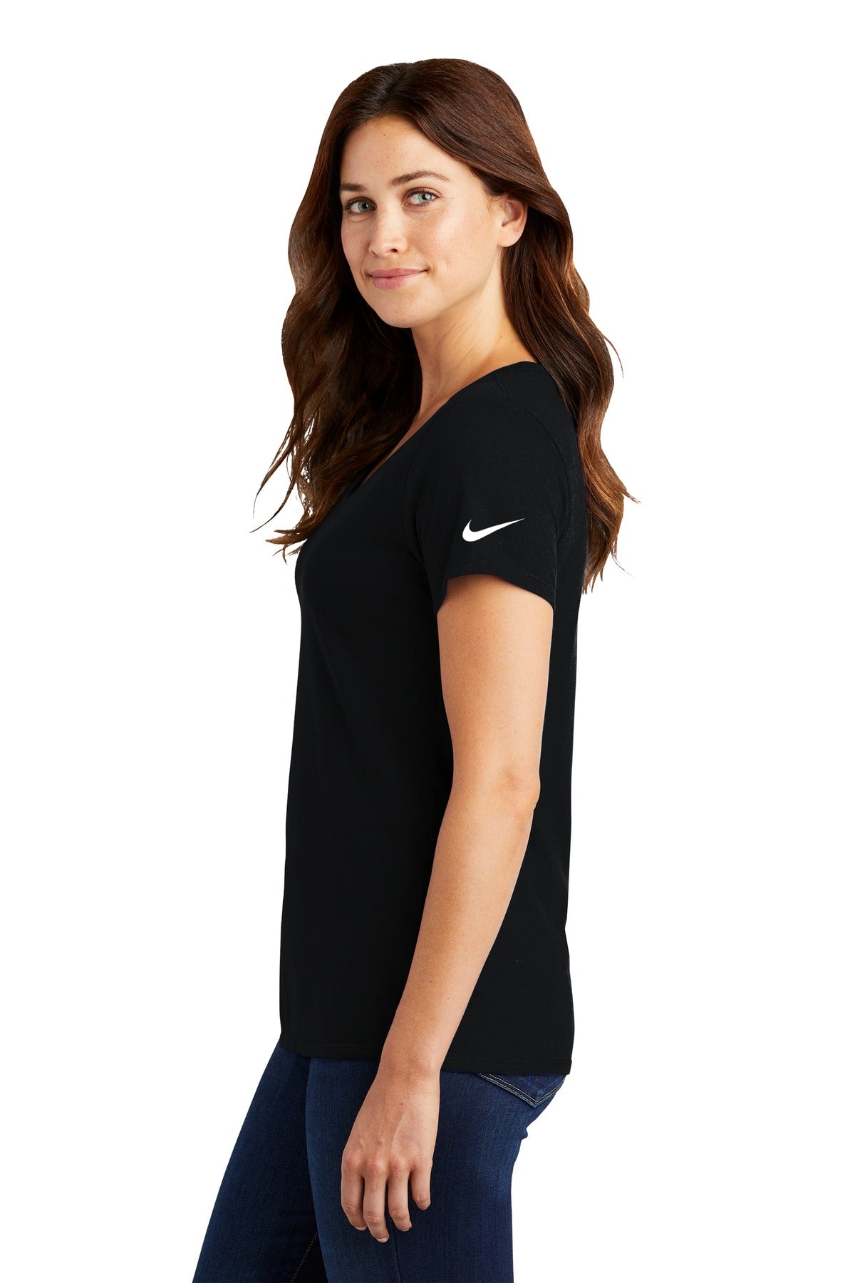 Black Nike Women's Dri-FIT Cotton/Poly Scoop Neck Tee. NKBQ5234