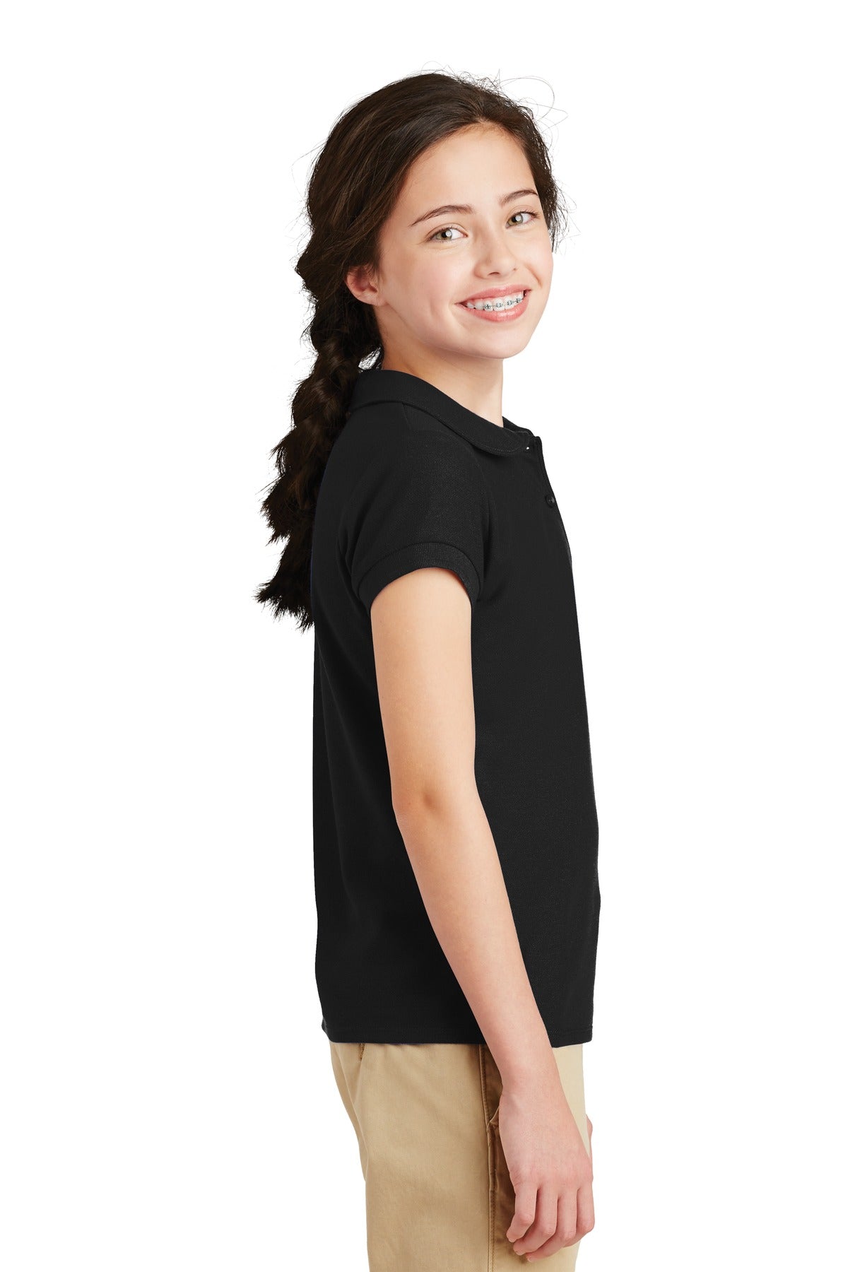 Black Port Authority Girls Silk Touch Peter Pan Collar Polo. YG503
