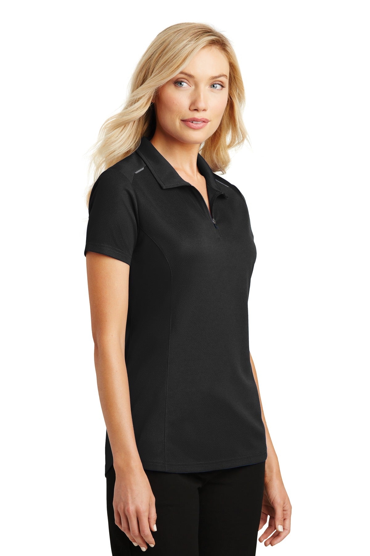 Black Port Authority Women's Pinpoint Mesh Zip Polo. L580