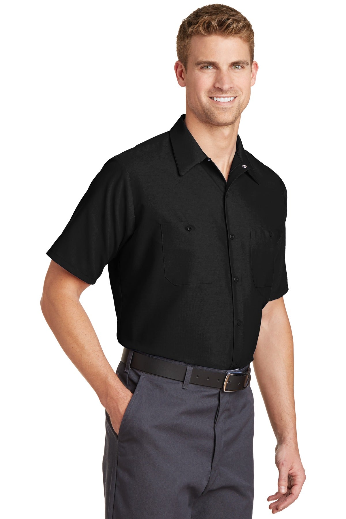 Black Red Kap Long Size, Short Sleeve Industrial Work Shirt. SP24LONG