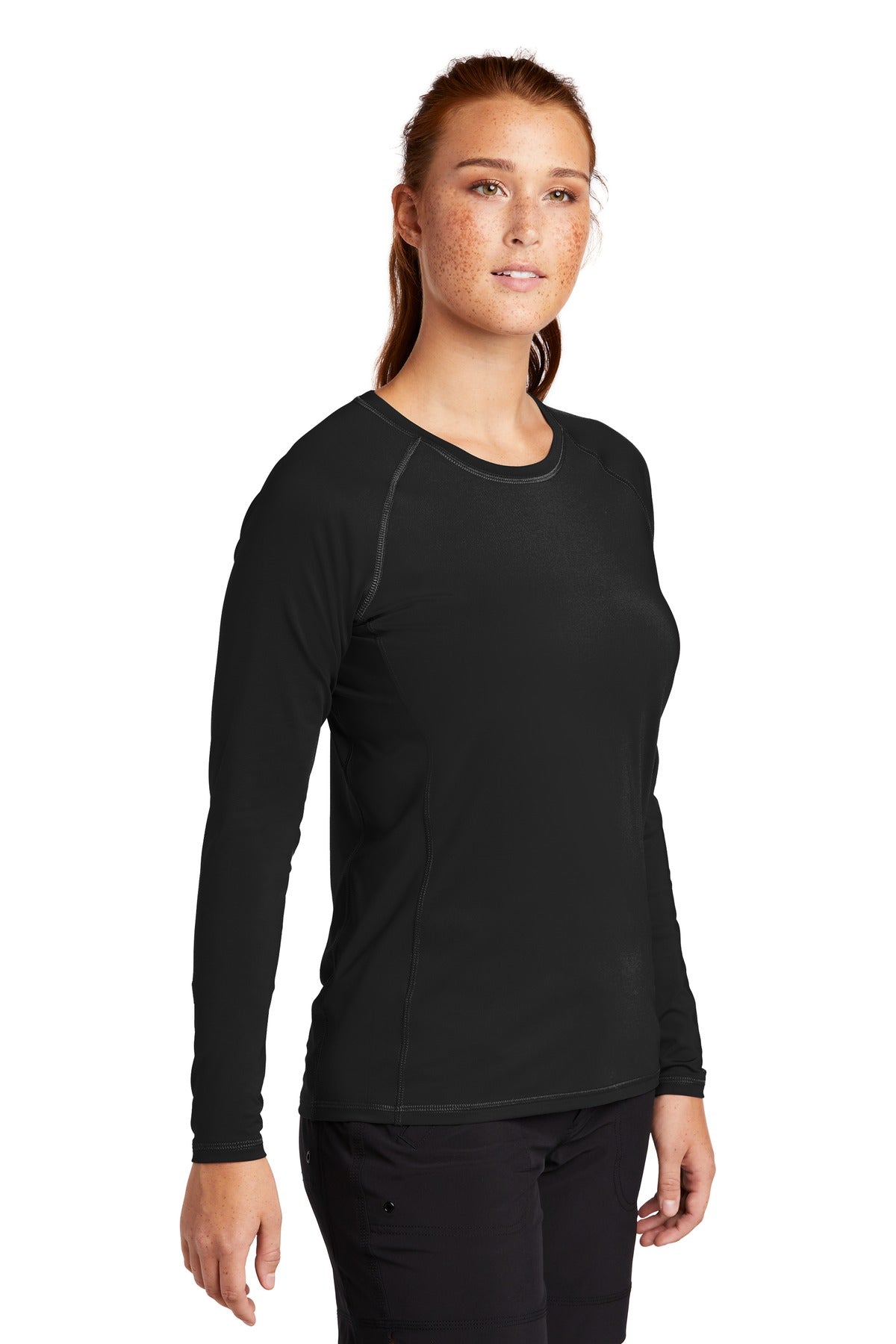 Black Sport-Tek Women's Long Sleeve Rashguard Tee. LST470LS
