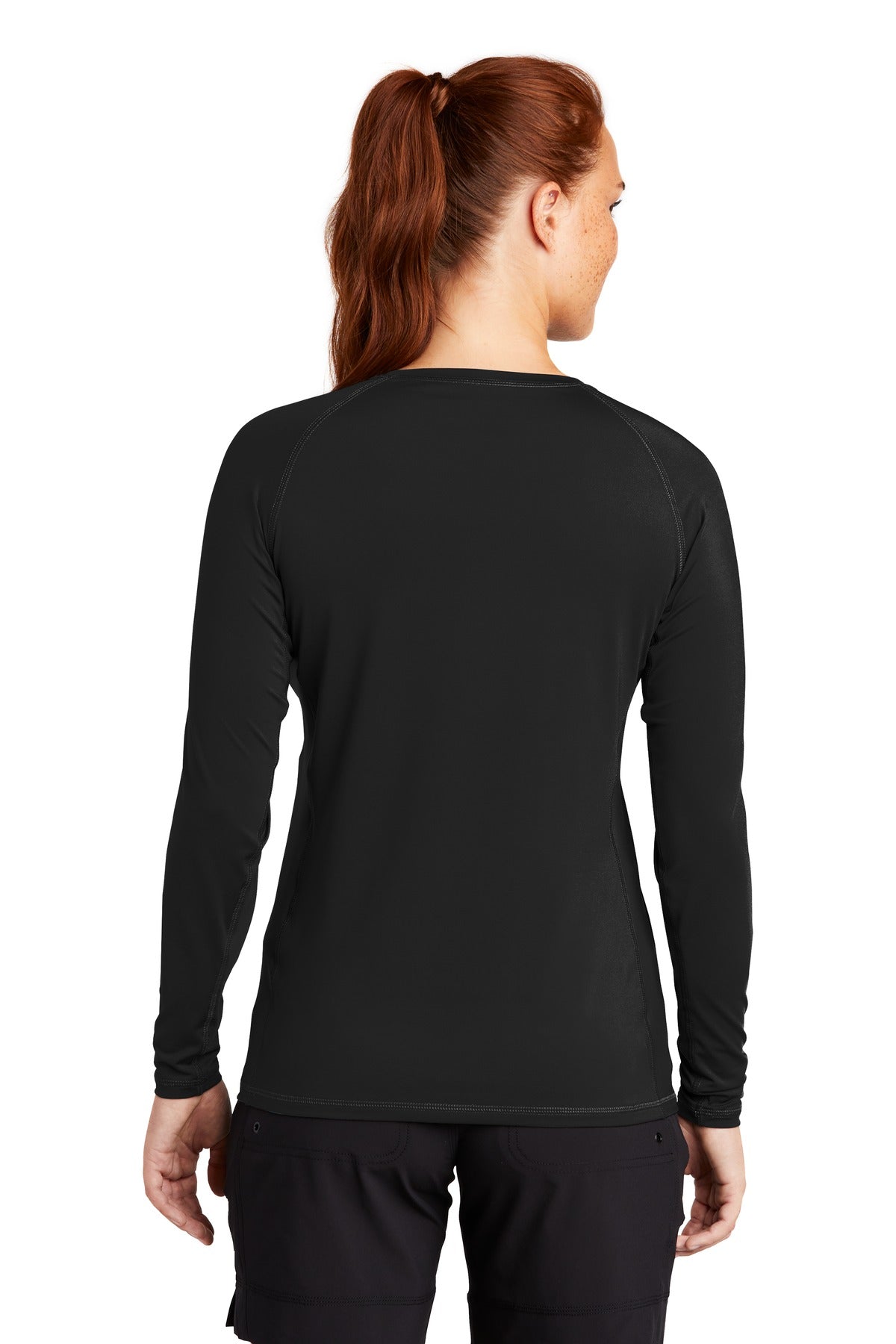 Black Sport-Tek Women's Long Sleeve Rashguard Tee. LST470LS