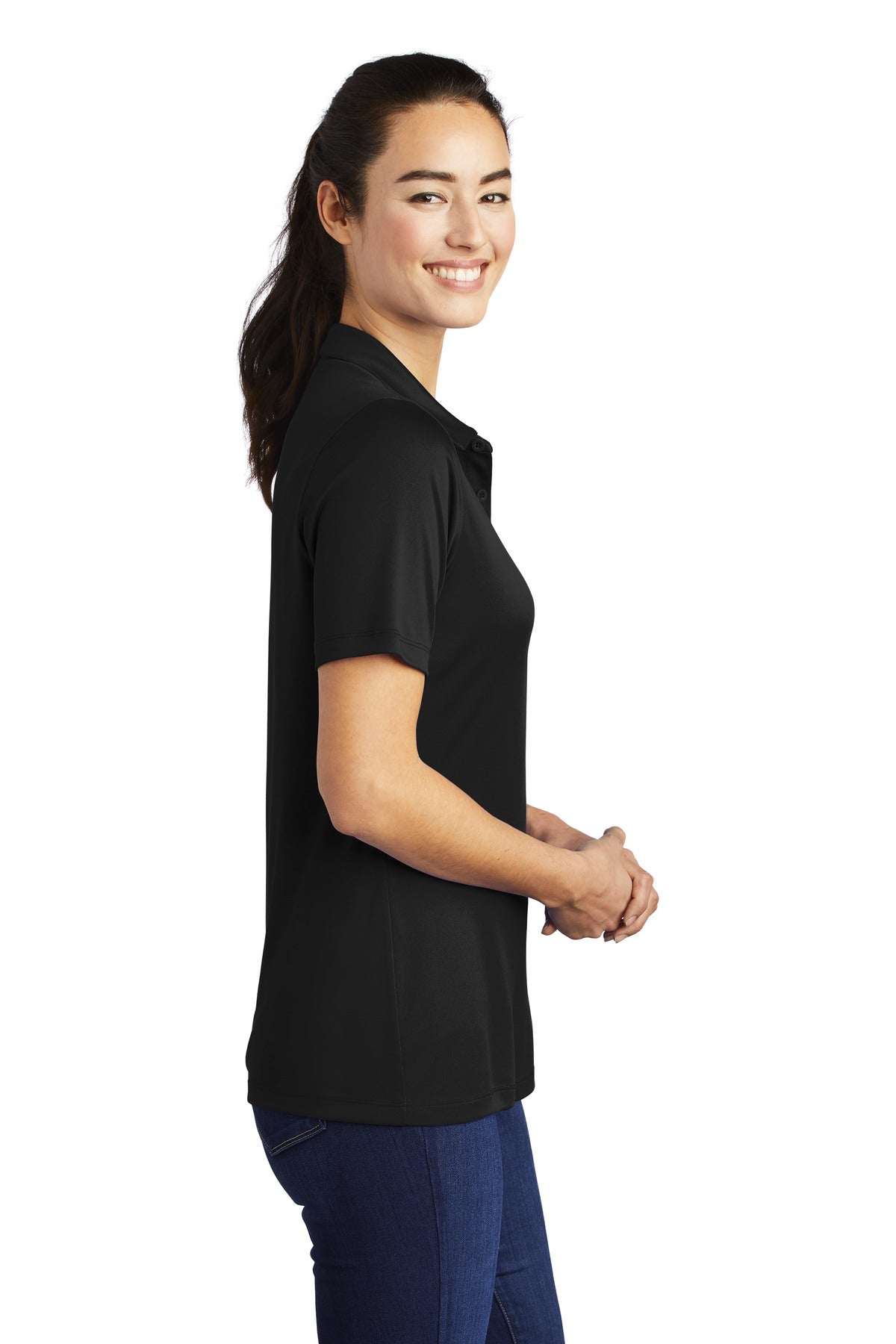 Black Sport-Tek Women's Posi-UV Pro Polo. LST520