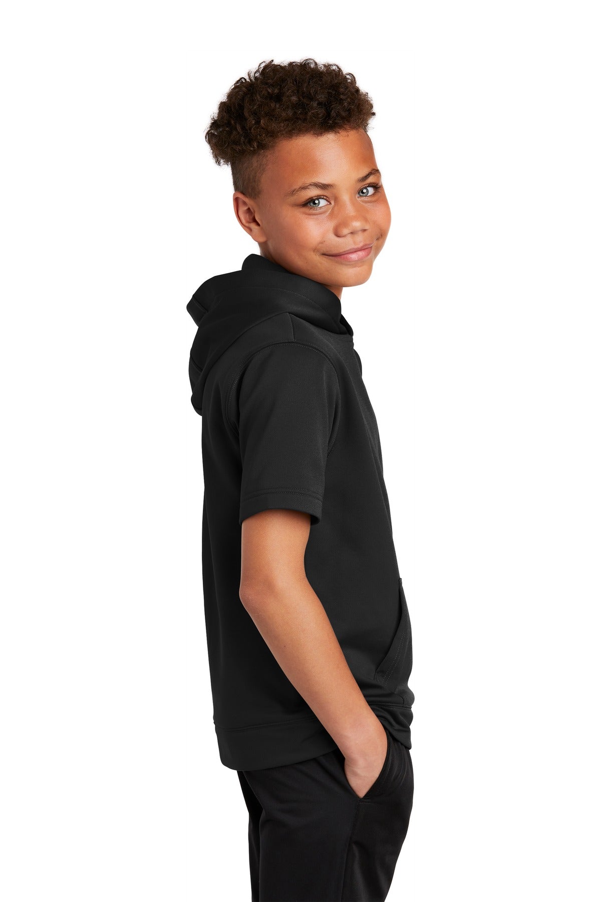 Black Sport-Tek Youth Sport-Wick Fleece Short Sleeve Hooded Pullover. YST251