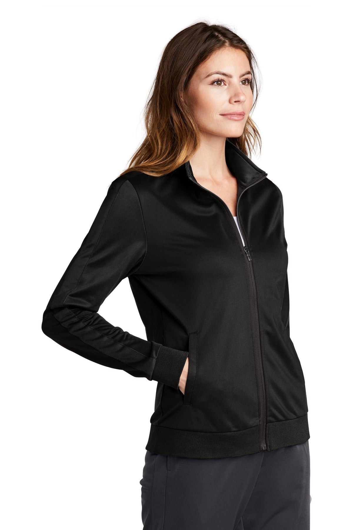 Black/Black Sport-Tek Ladies Tricot Sleeve Stripe Track Jacket. LST94