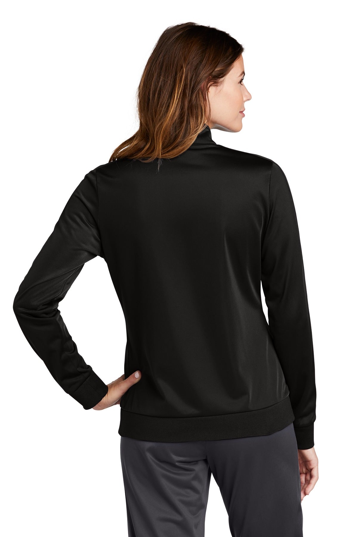 Black/Black Sport-Tek Ladies Tricot Sleeve Stripe Track Jacket. LST94