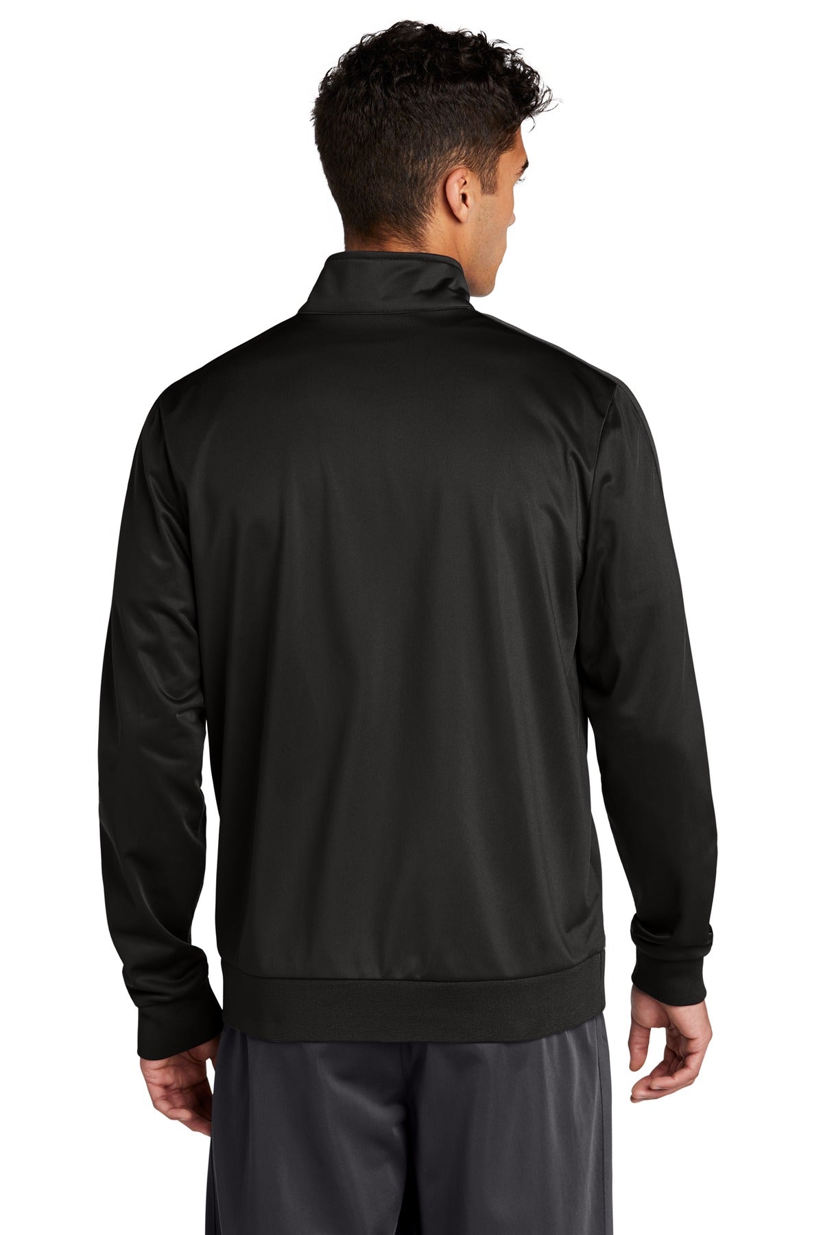 Black/Black Sport-Tek Tricot Sleeve Stripe Track Jacket. JST94