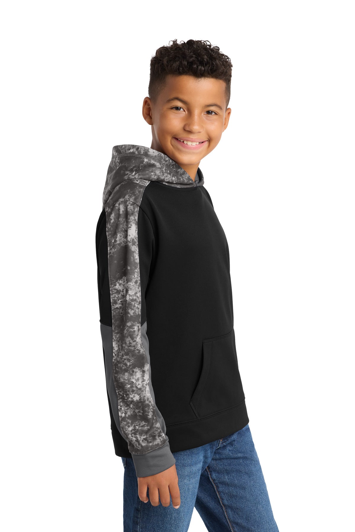 Black/Black Sport-Tek Youth Sport-Wick Mineral Freeze Fleece Colorblock Hooded Pullover. YST231