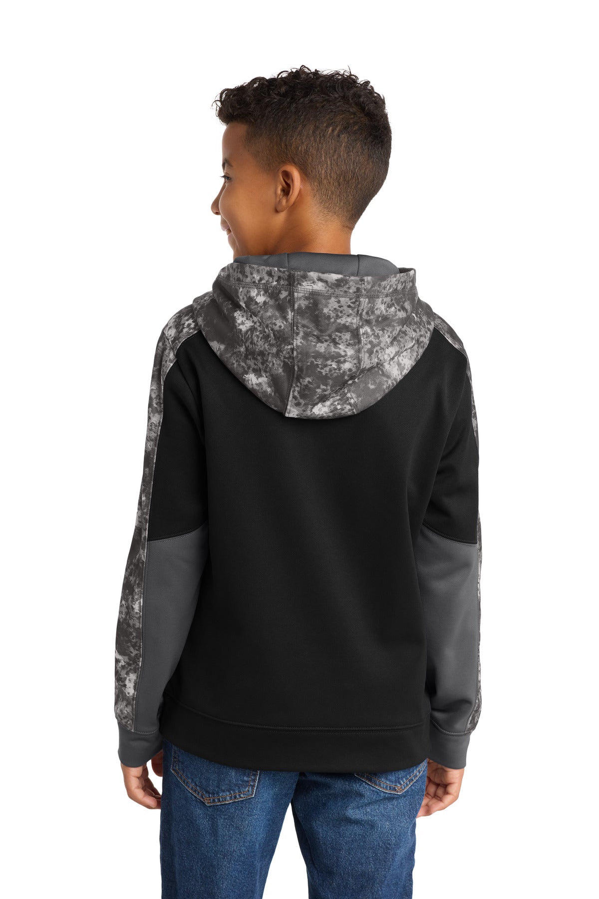 Black/Black Sport-Tek Youth Sport-Wick Mineral Freeze Fleece Colorblock Hooded Pullover. YST231