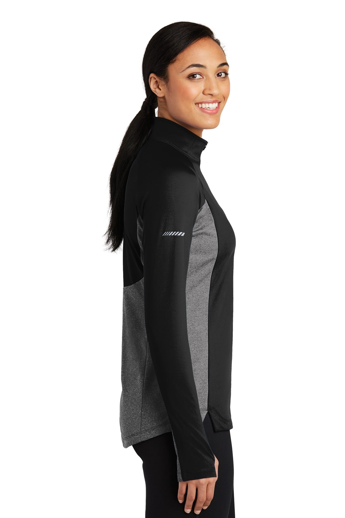 Black/Ch Gy He Sport-Tek Women's Sport-Wick Stretch Contrast 1/4-Zip Pullover. LST854