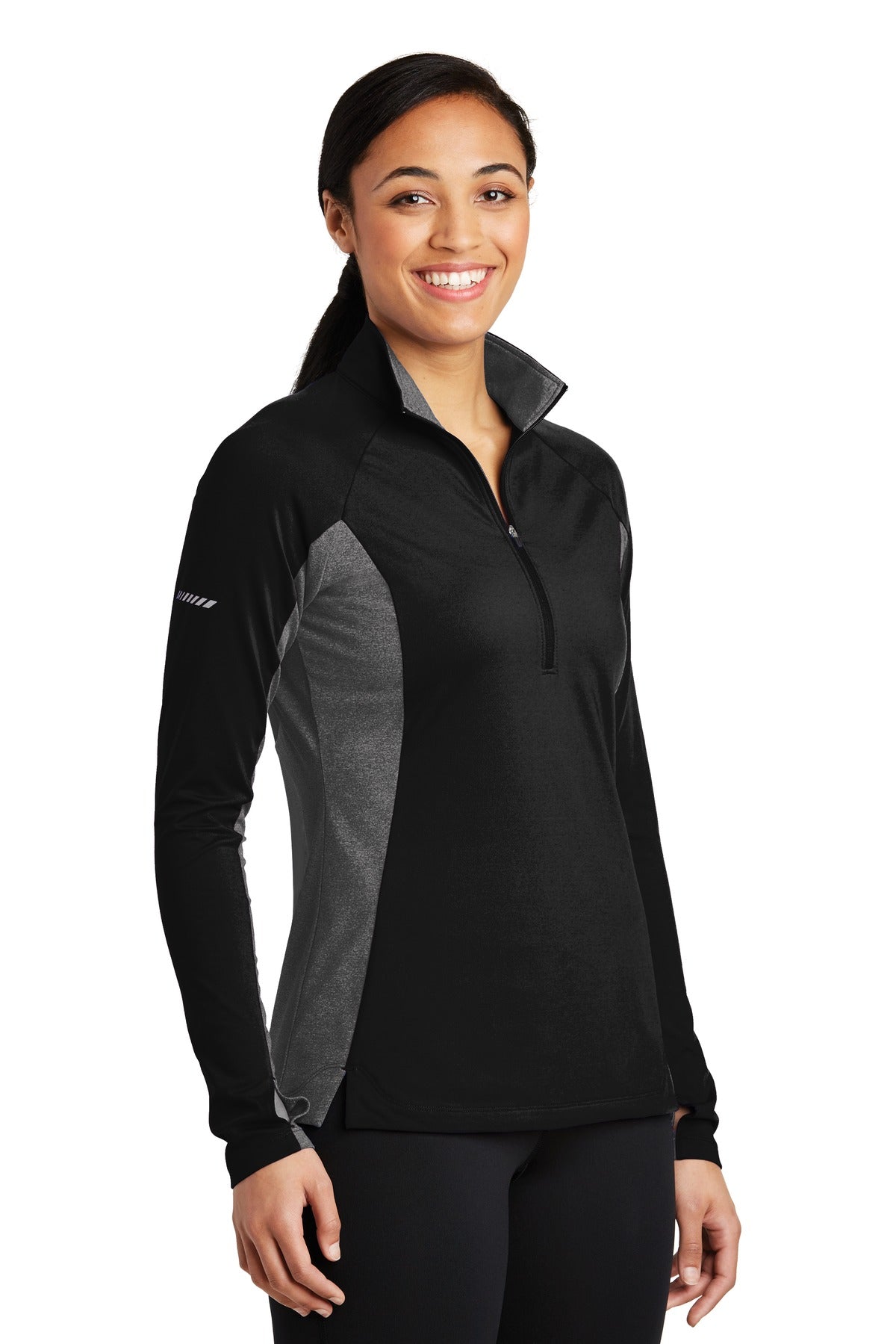 Black/Ch Gy He Sport-Tek Women's Sport-Wick Stretch Contrast 1/4-Zip Pullover. LST854