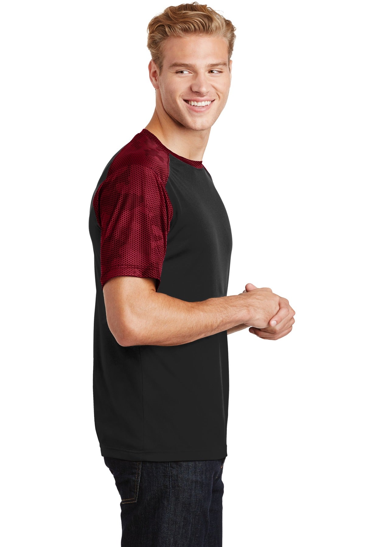 Black/Deep Red Sport-Tek CamoHex Colorblock Tee. ST371