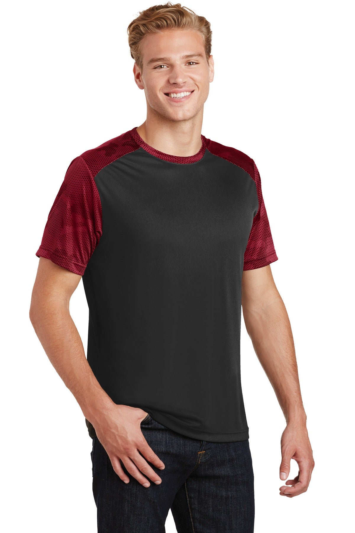 Black/Deep Red Sport-Tek CamoHex Colorblock Tee. ST371