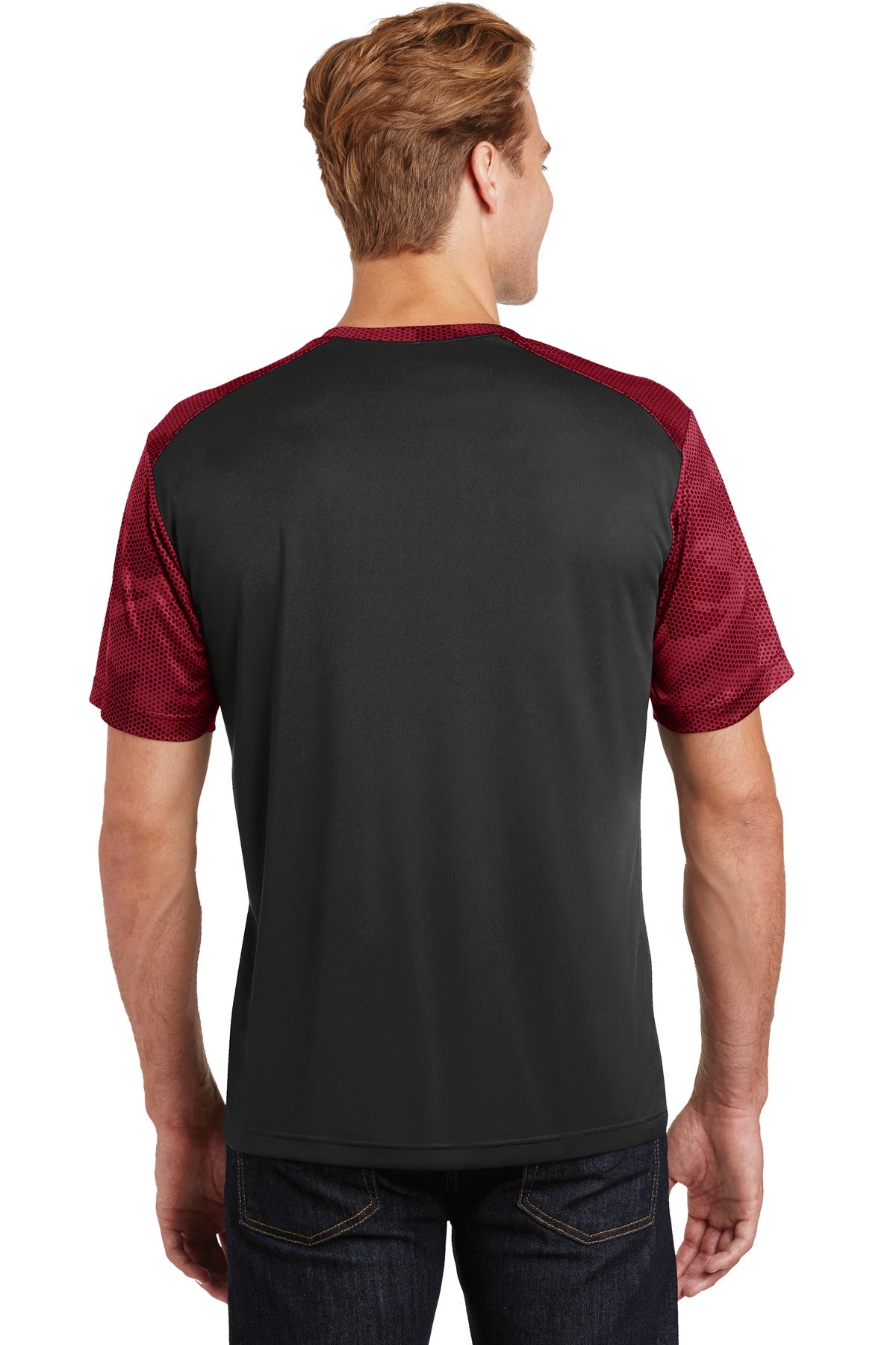 Black/Deep Red Sport-Tek CamoHex Colorblock Tee. ST371