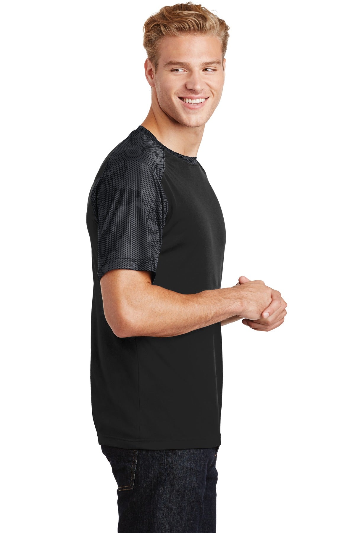 Black/Iron Gry Sport-Tek CamoHex Colorblock Tee. ST371