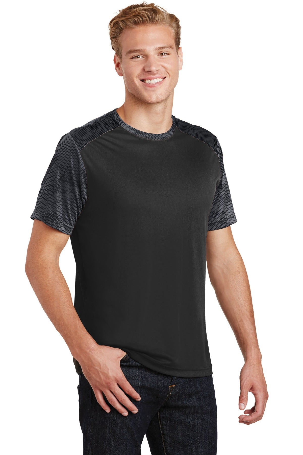 Black/Iron Gry Sport-Tek CamoHex Colorblock Tee. ST371