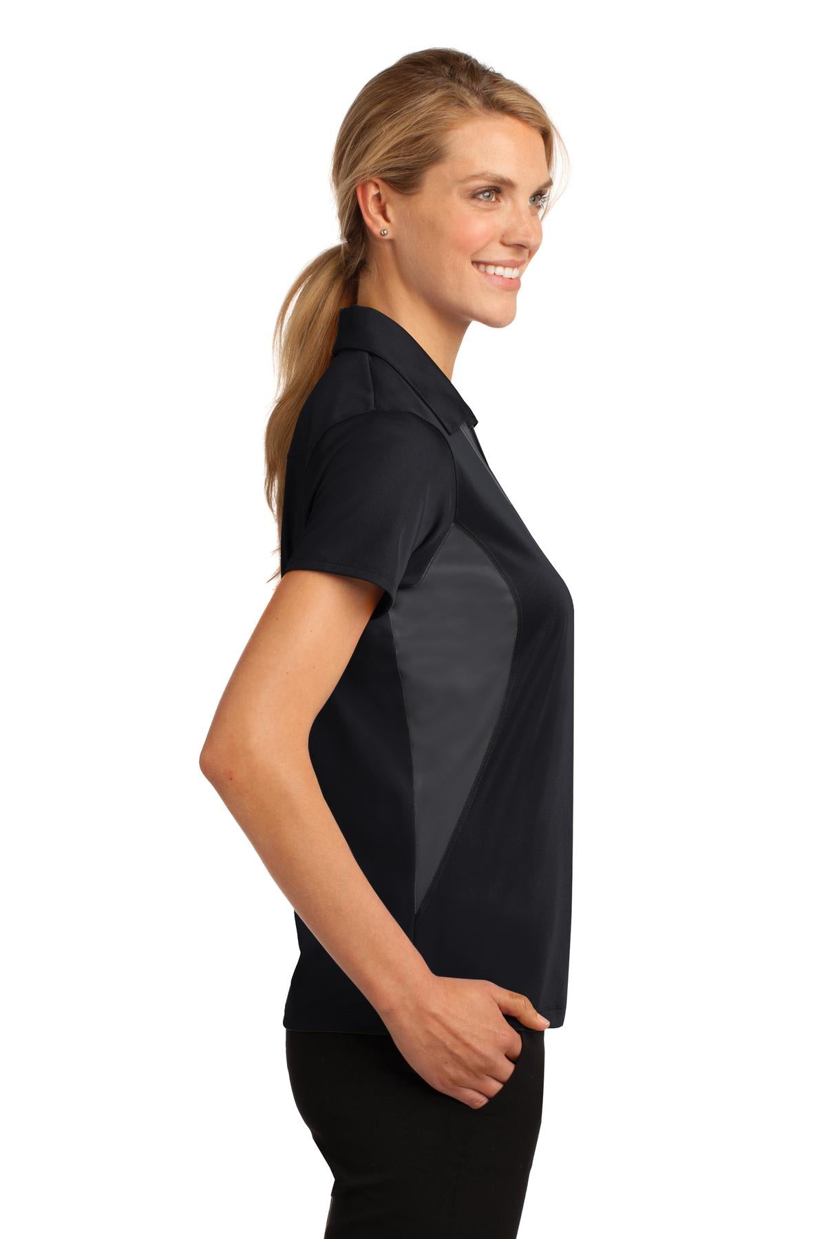 Black/Iron Gry Sport-Tek Women's Side Blocked Micropique Sport-Wick Polo. LST655