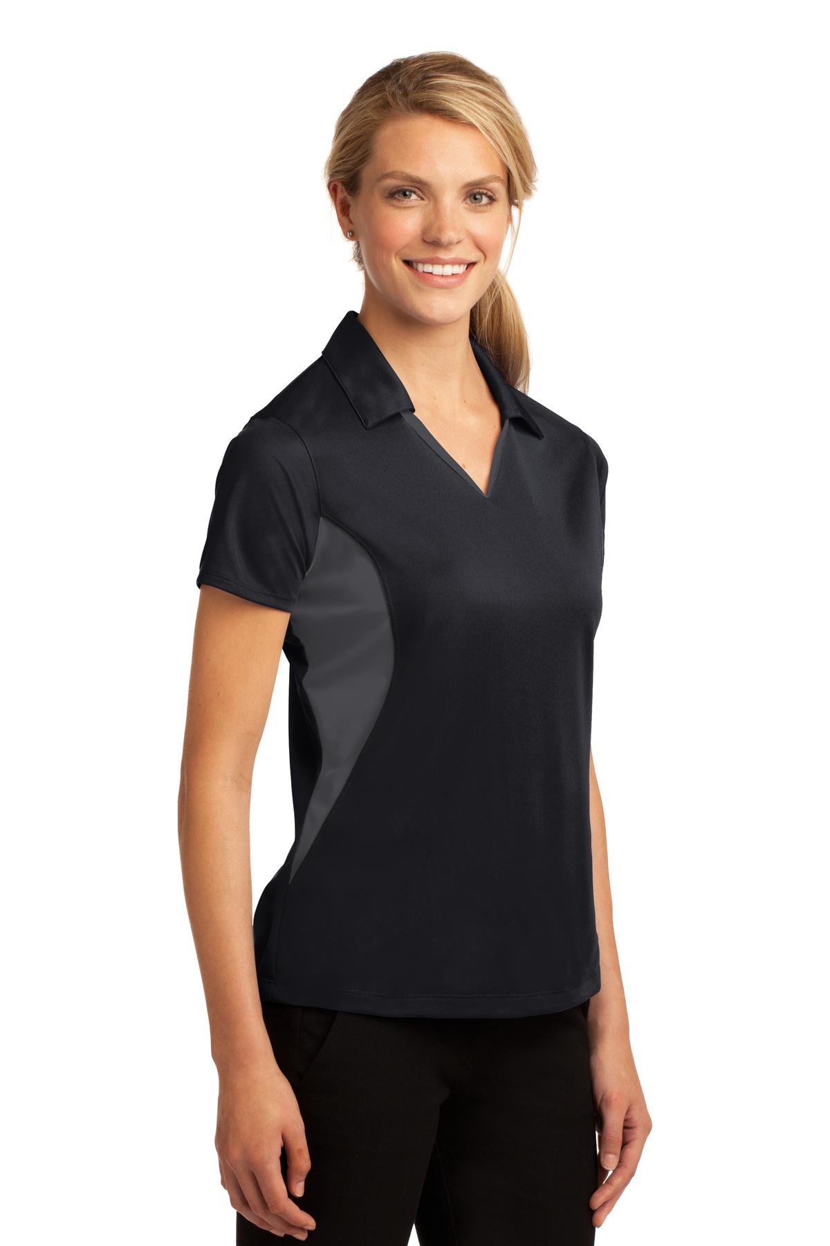 Black/Iron Gry Sport-Tek Women's Side Blocked Micropique Sport-Wick Polo. LST655