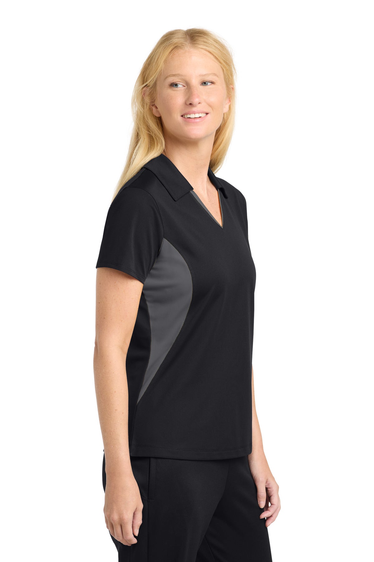 Black/Iron Gry Sport-Tek Women's Side Blocked Micropique Sport-Wick Polo. LST655