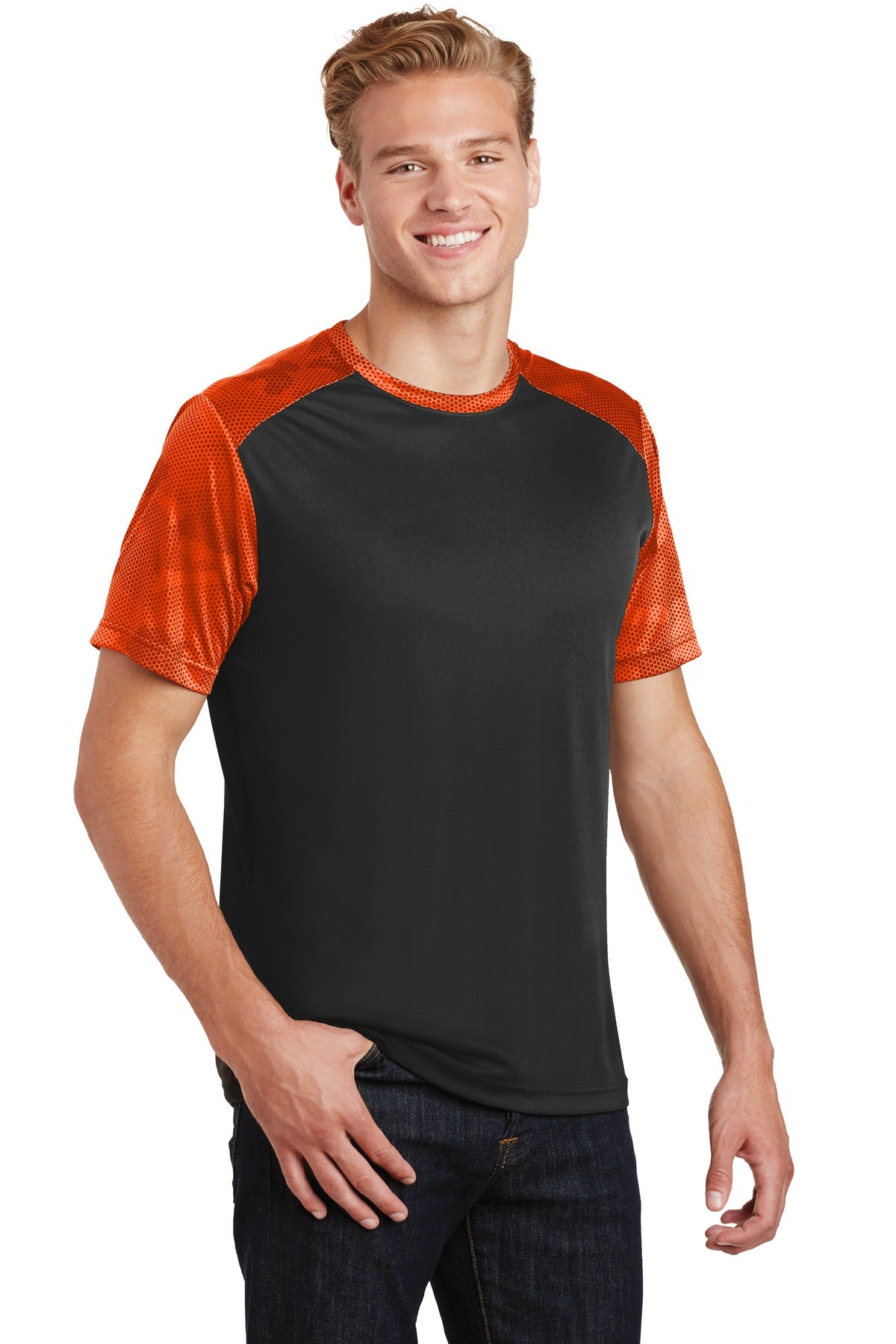 Black/Neon Org Sport-Tek CamoHex Colorblock Tee. ST371