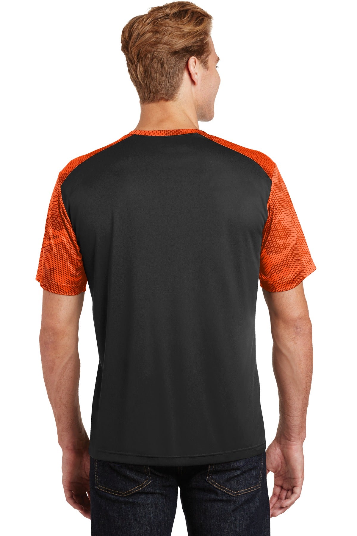 Black/Neon Org Sport-Tek CamoHex Colorblock Tee. ST371