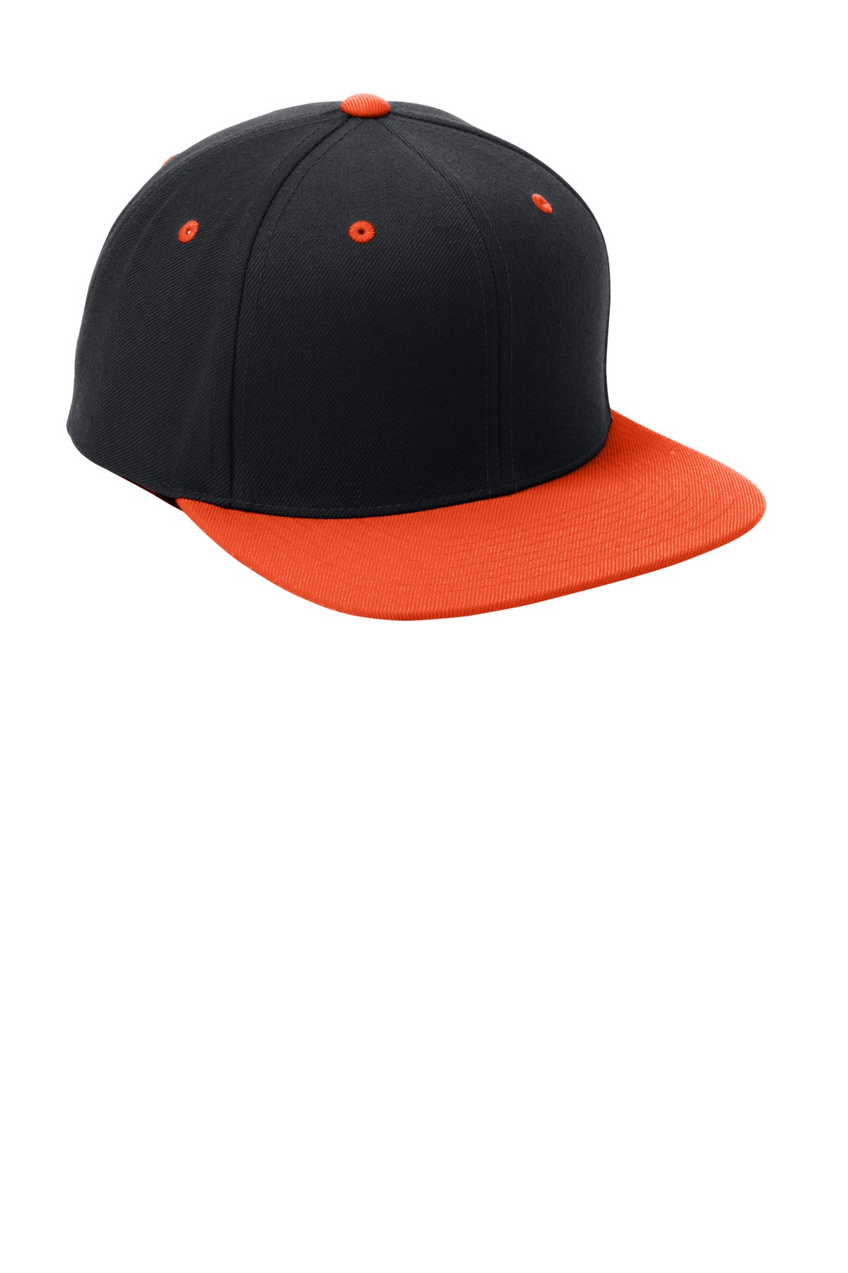 Black/Orange Sport-Tek YP Classics Flat Bill Snapback Cap. STC19