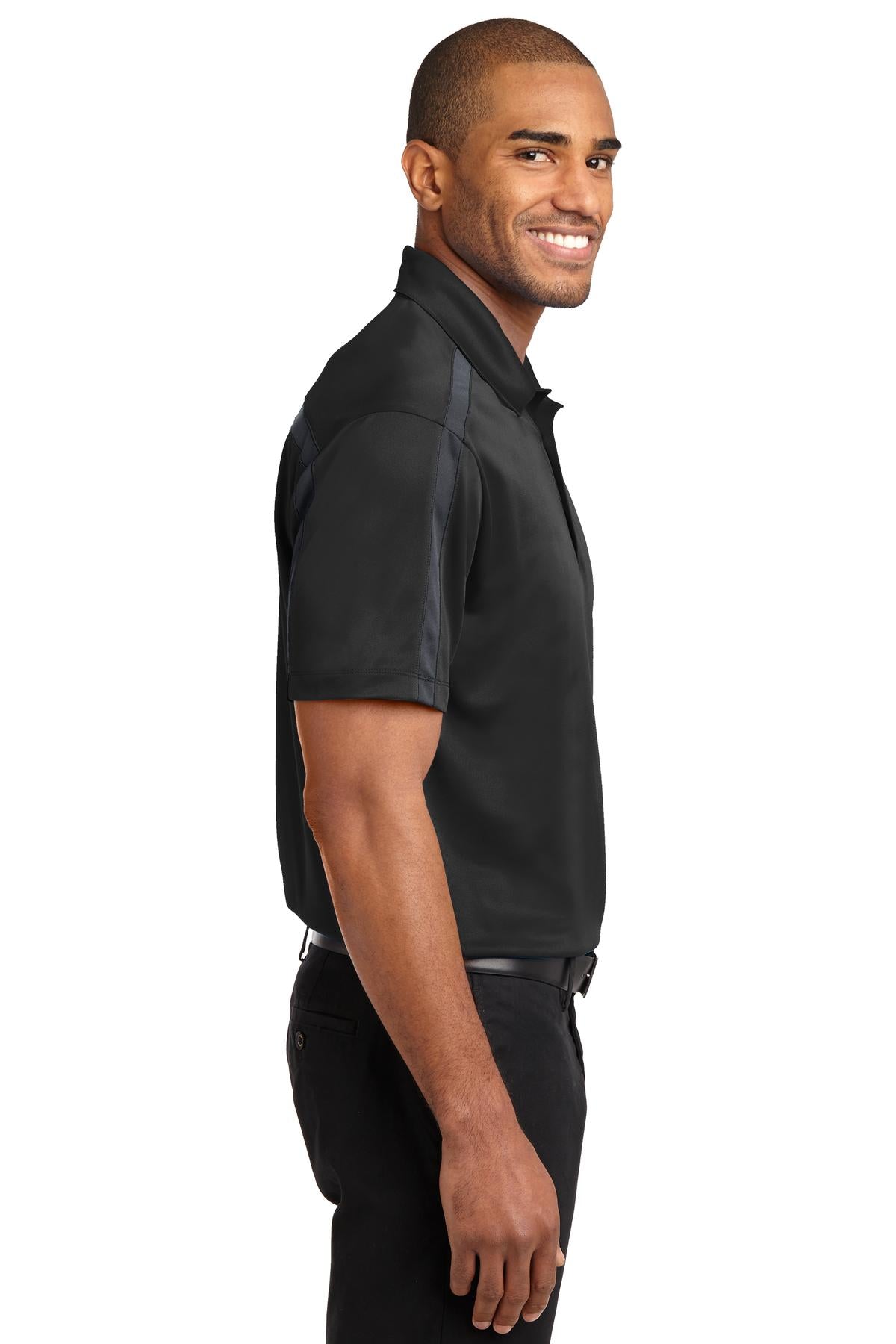 Black/Steel Gy Port Authority Silk Touch Performance Colorblock Stripe Polo. K547