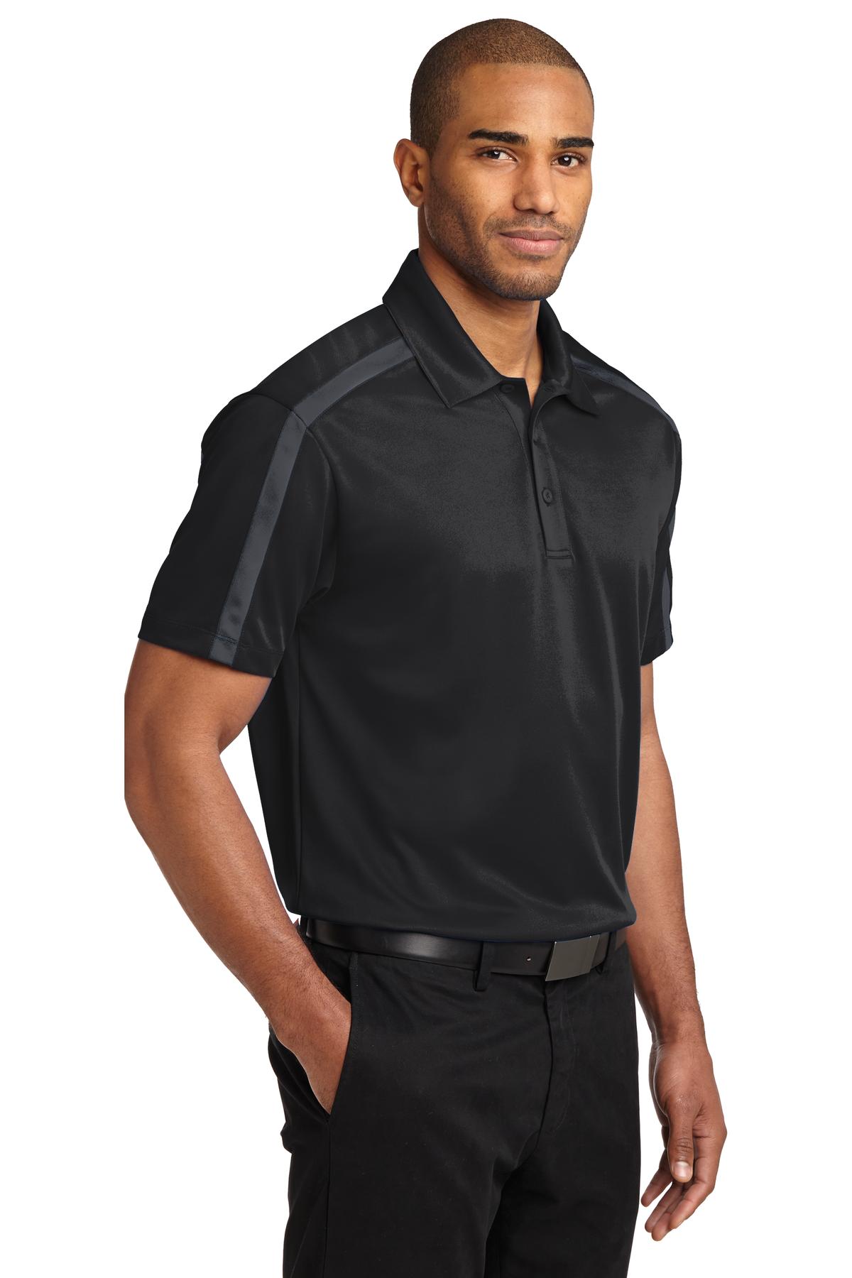 Black/Steel Gy Port Authority Silk Touch Performance Colorblock Stripe Polo. K547