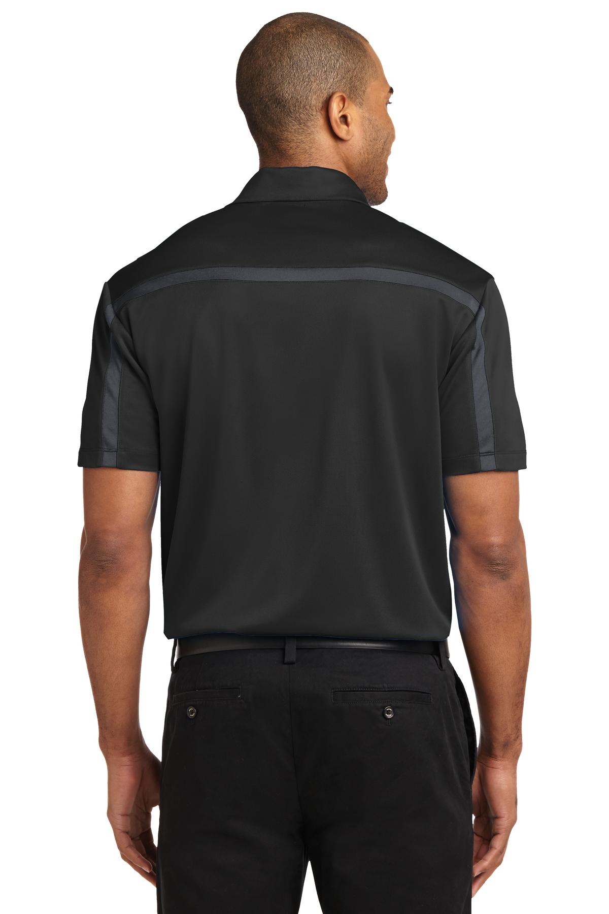 Black/Steel Gy Port Authority Silk Touch Performance Colorblock Stripe Polo. K547