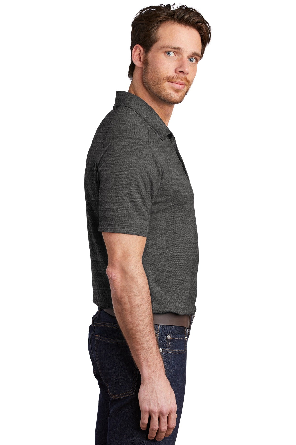 Black/Thndr Gy Port Authority Stretch Heather Polo K583