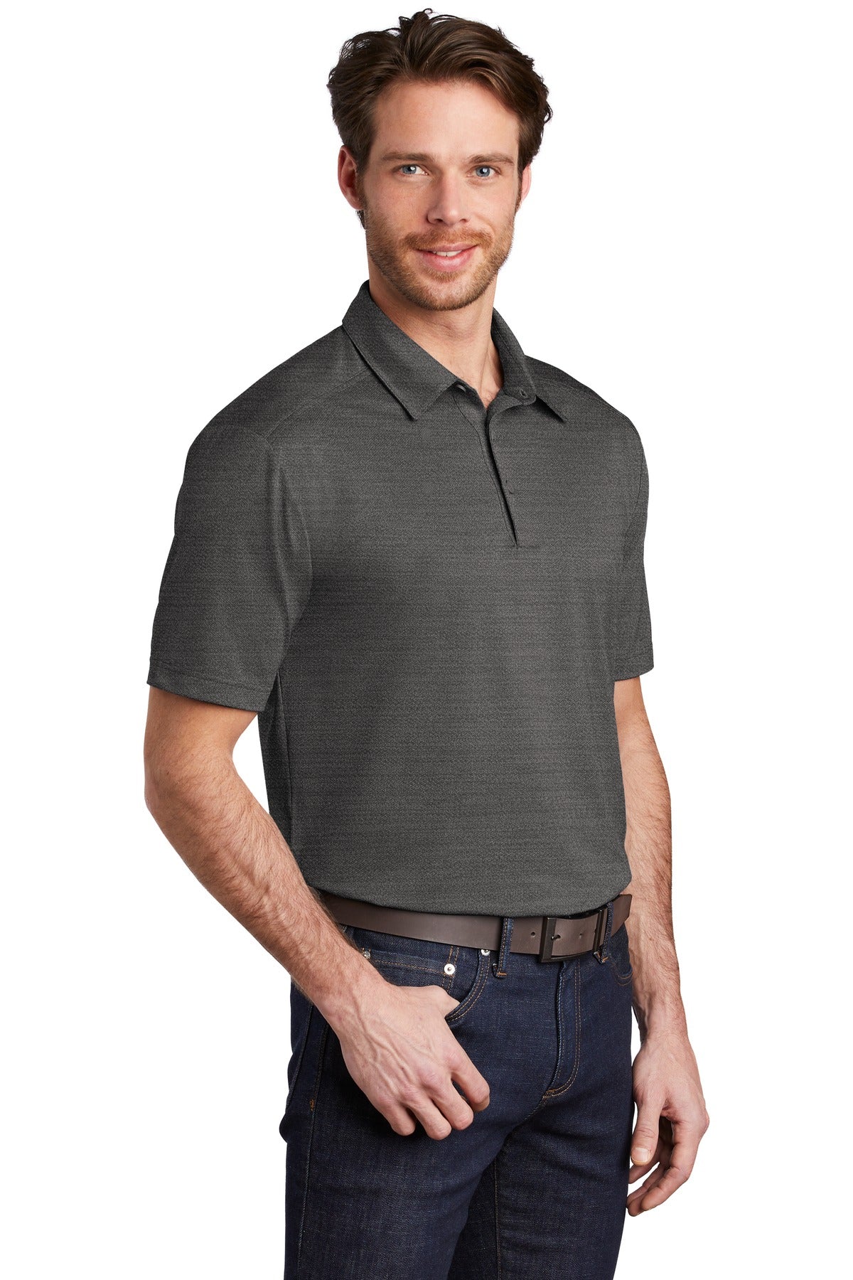 Black/Thndr Gy Port Authority Stretch Heather Polo K583
